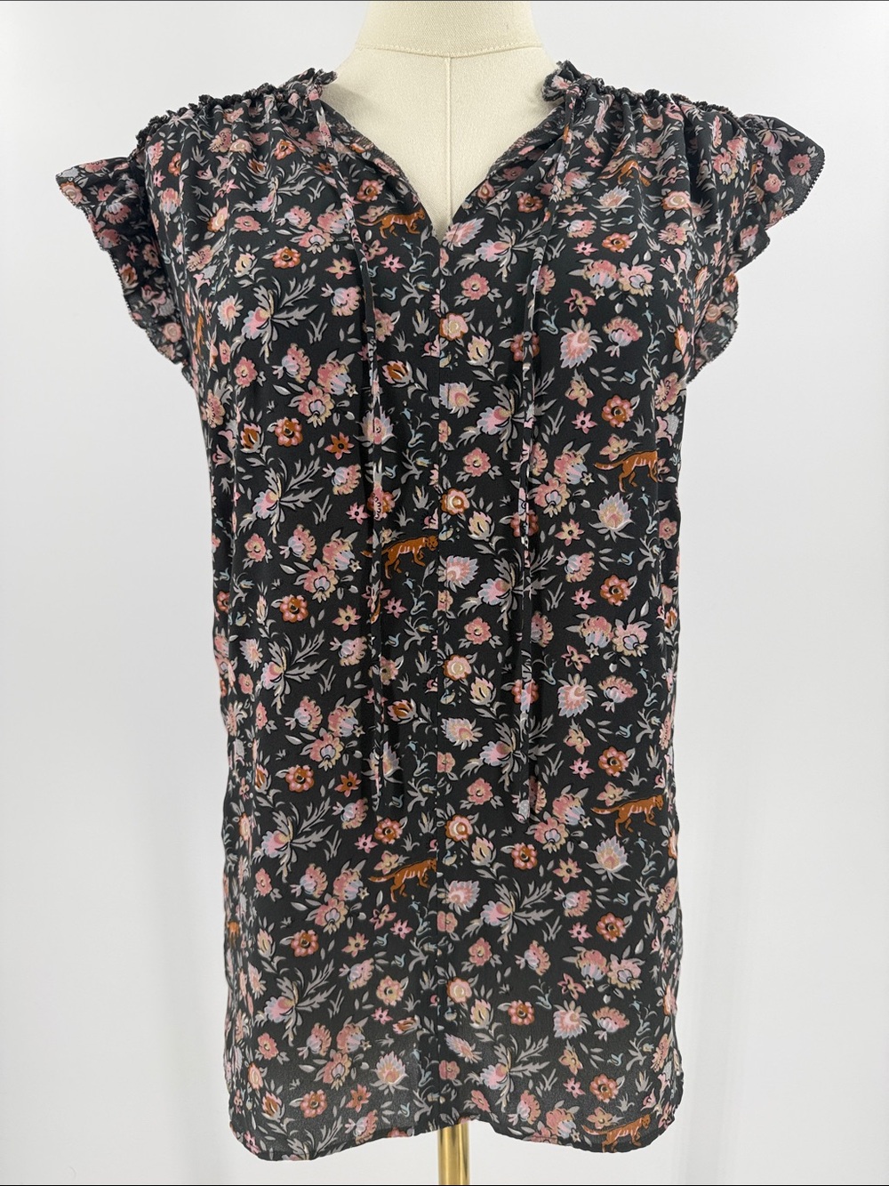 Boho - LOFT Black Floral Tie-Neck Flutter Sleeve Blouse
